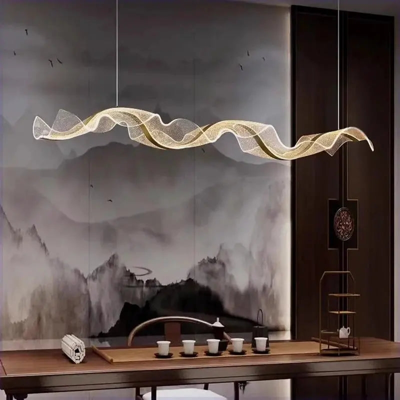 Linear Pendant Light with Undulating Wave Silhouette in Brushed Gold
