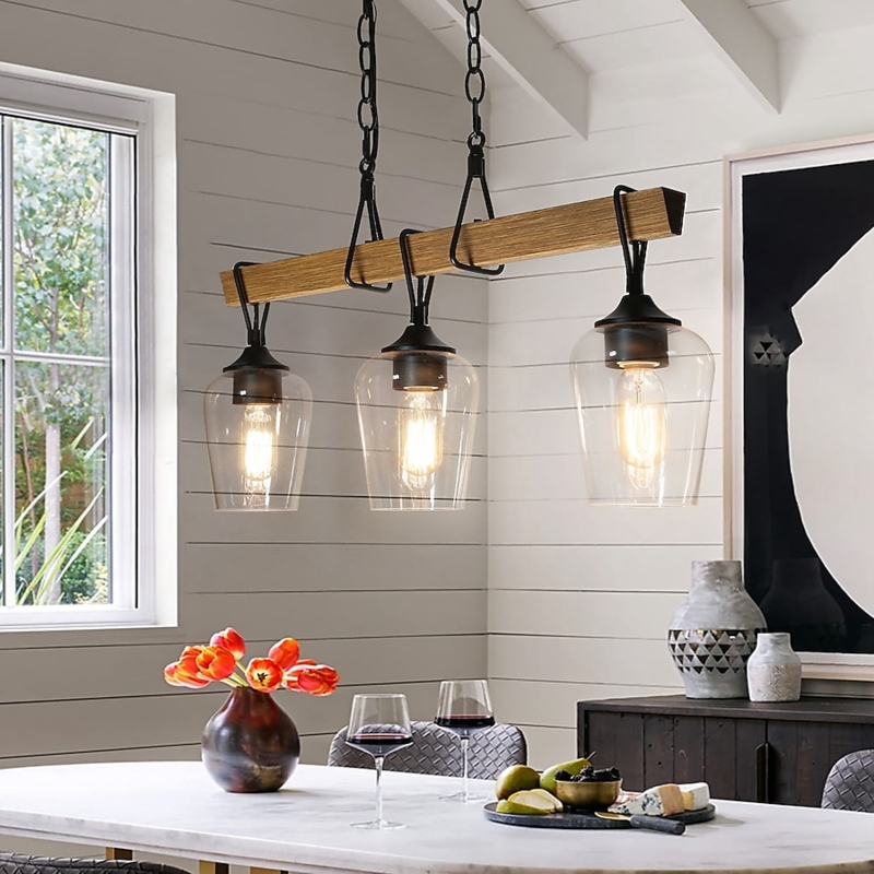 Linear Pendant Light Wood Frame Distressed Metal Three Light