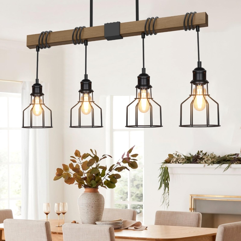 Linear Pendant Light Wood Toned Beam Farmhouse Rustic Kitchen Island.