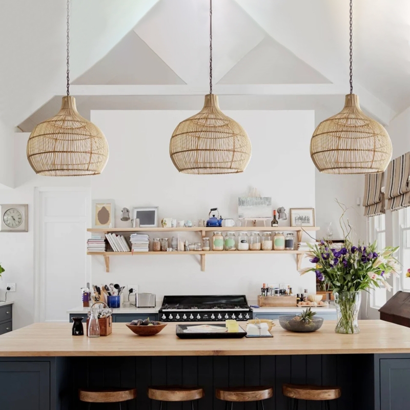 Linear Pendant Light Woven Rattan Basket Weave for Kitchen Island