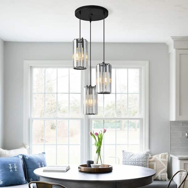 Linear Pendant Matte Black Three Light Faceted Crystal Modern