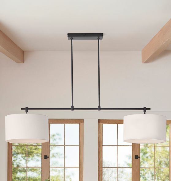 Linear Pendant Triple Drum Shades Aged Brass Finish Transitional Style