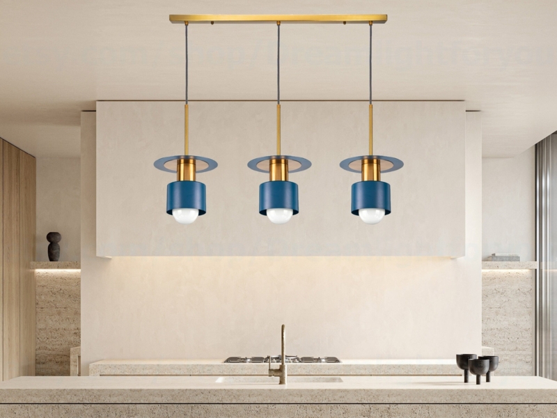 Linear Triple Pendant Light with Cone Shades and Brass Interiors