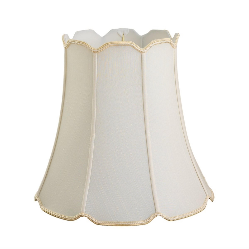 Long Bell Lamp Shade with Scalloped Edges in Cream Silk-Like Fabric