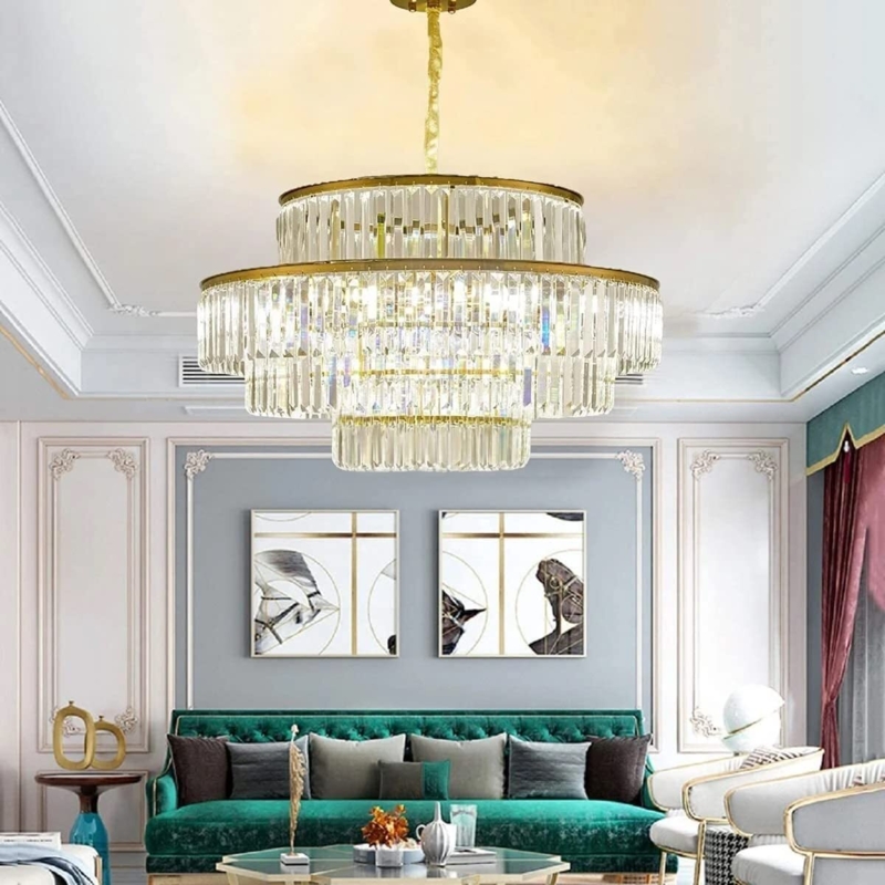 Luxury Crystal Chandelier K9 Faceted Prisms Gold Tiered Layers