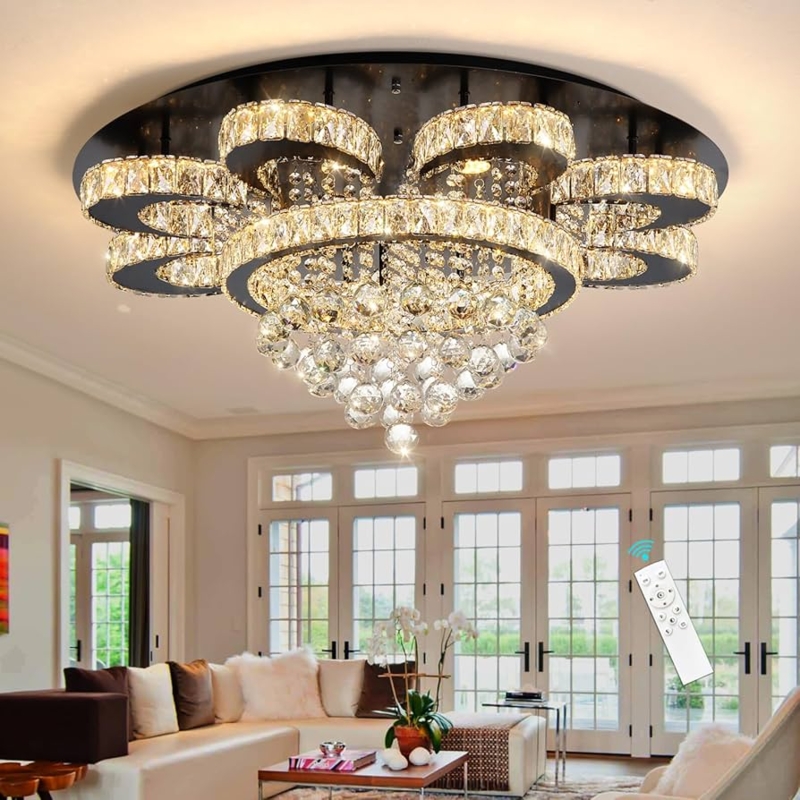Luxury Crystal Drum Chandelier, Matte Black Multi-Tier Fixture