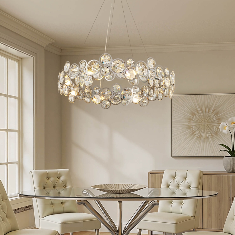 Luxury Crystal Drum Chandelier Vertical Prisms Polished Chrome