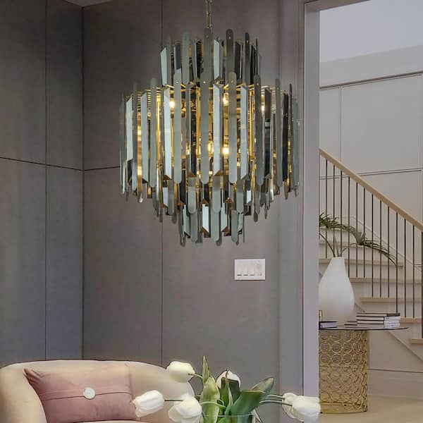 Luxury Tiered Chandelier with Soft Gold Frame and Smoke Gray Crystals