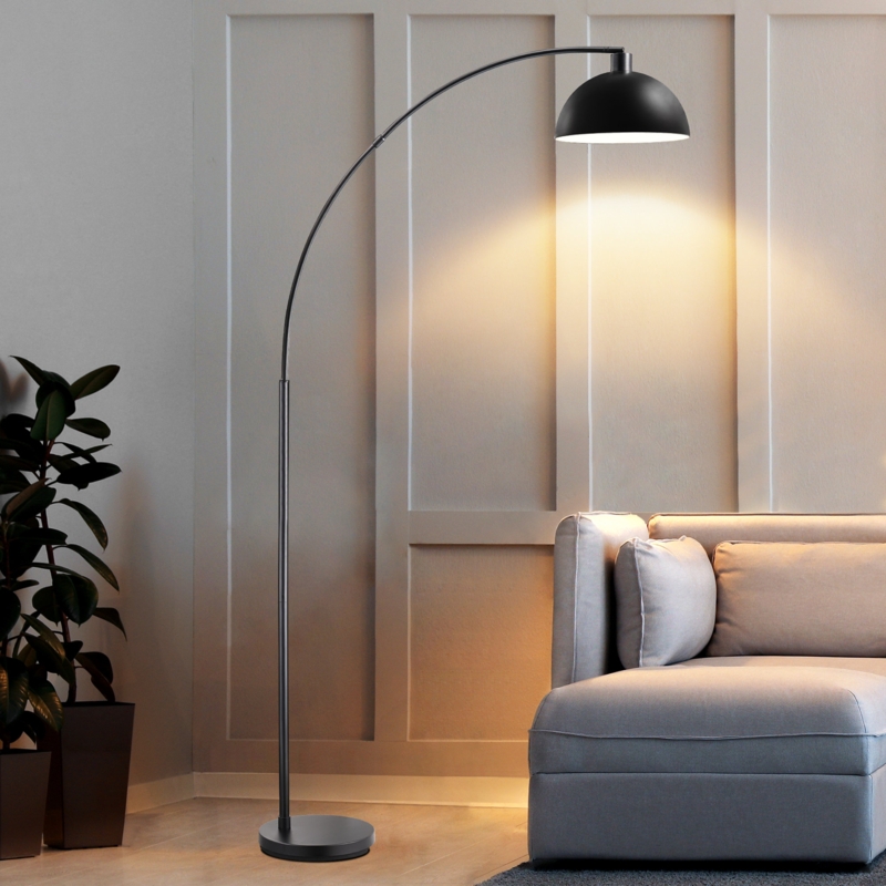 Marble-like Base Arched Floor Lamp, Matte Black Overhanging Design