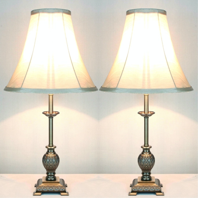 Matching Pair Table Lamps Antique Gold Urn Base Distressed Finish Neoclassical