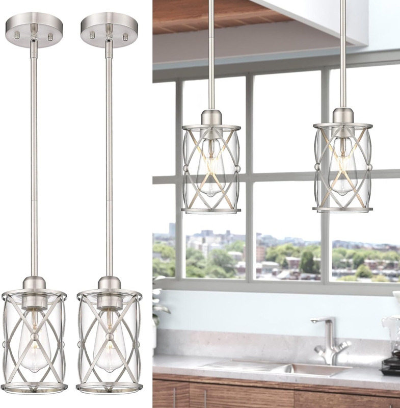 Matching Pendant Lights Clear Glass Cylinder Brushed Nickel Set Modern