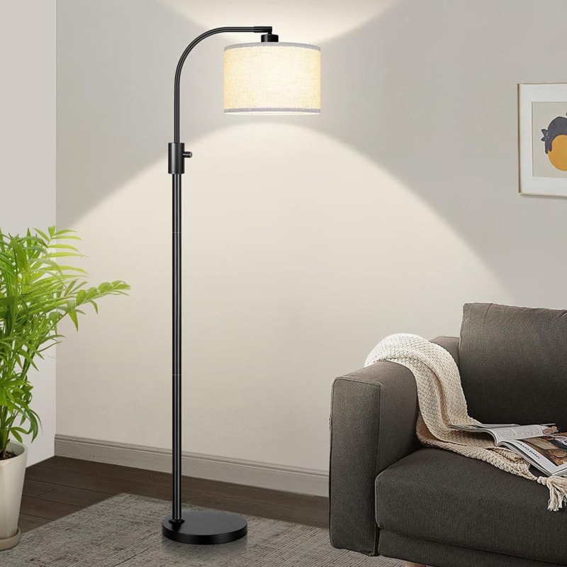Matte Black Arc Floor Lamp Linen Like Shade Minimalist Living Room