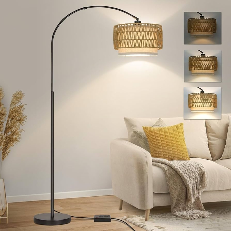 Matte Black Arc Floor Lamp with Woven Rattan Drum Shade for Farmhouse