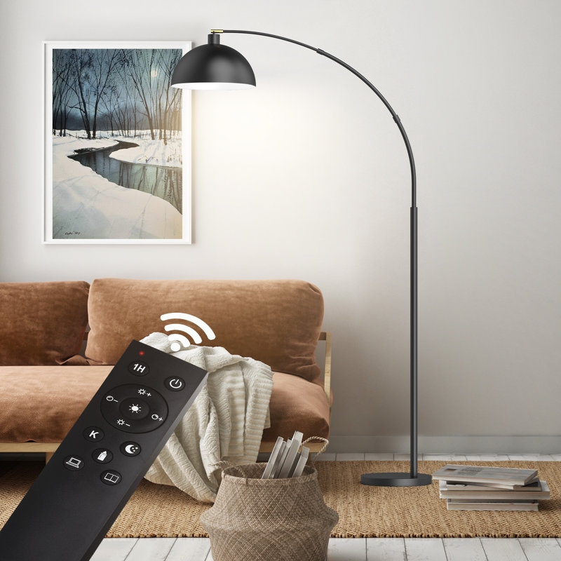 Matte Black Arched Floor Lamp with Remote Control for Over-the-Sofa