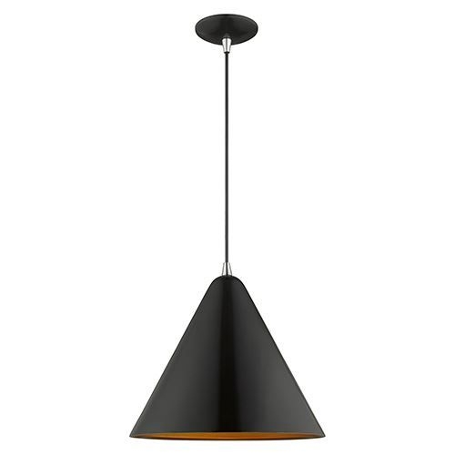 Matte Black Cone Pendant Light Trio with Brass Top Detail