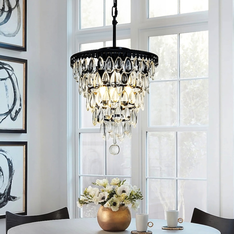 Matte Black Crystal Chandelier with Cascading Glass Droplets.