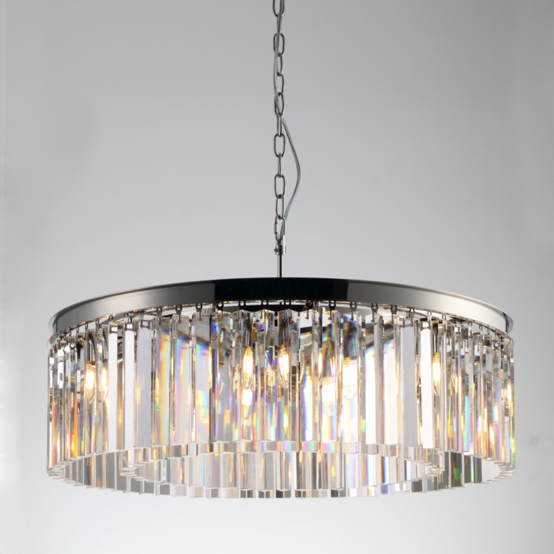Matte Black Drum Chandelier, Crystal Prism Fringe, Modern Glam Style.