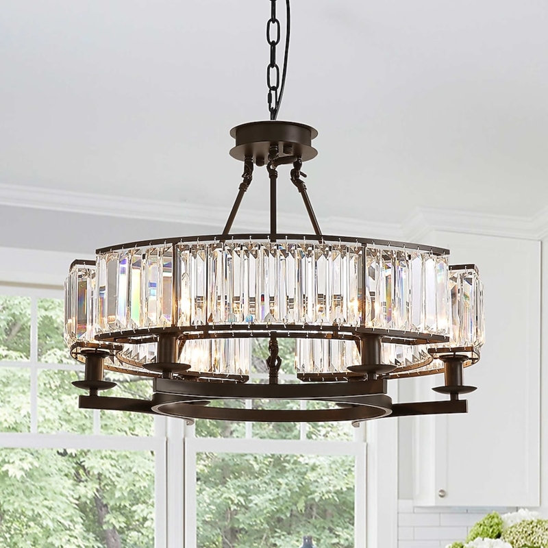 Matte Black Drum Light Fixture Two Tier Faceted Crystals Modern