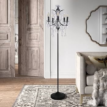 Matte Black Farmhouse Candelabra Floor Lamp with Clear Crystal Pendants