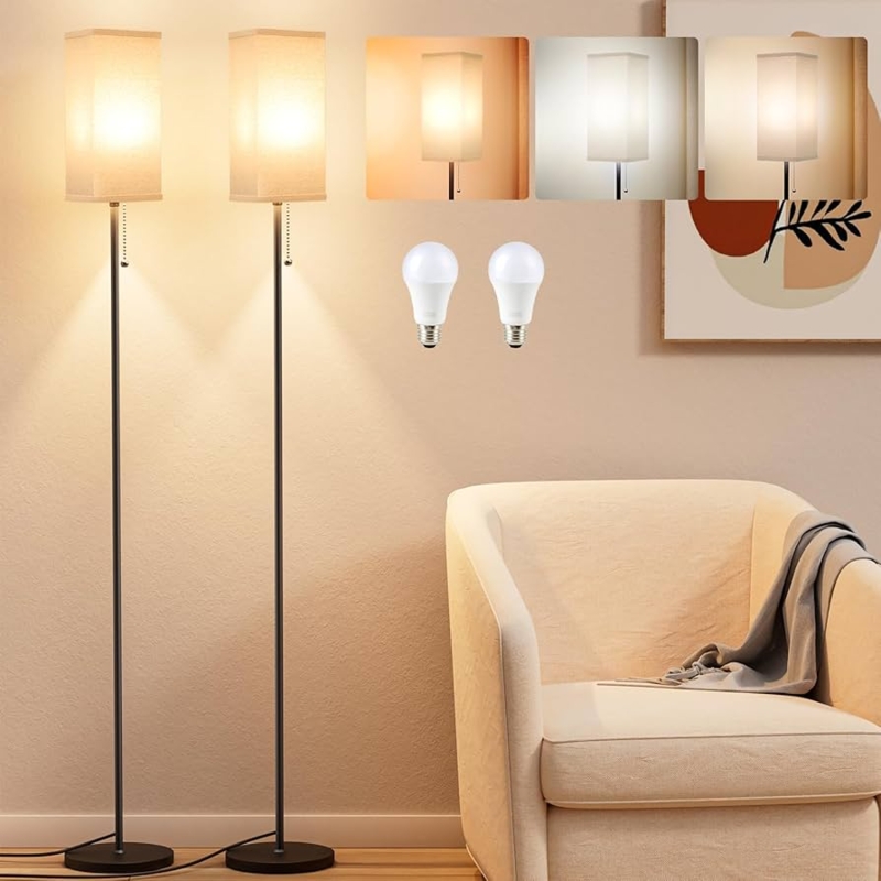 Matte Black Floor Lamp Pair with Beige Drum Shades and Pull Chains
