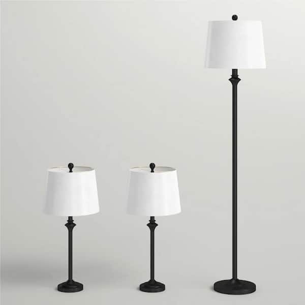 Matte Black Floor Lamp, Slim Profile Stand, White Fabric Drum Shade