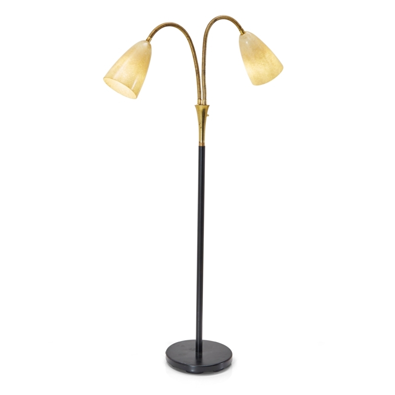 Matte Black Floor Lamp with Dual Conical Shades and Gold Accents