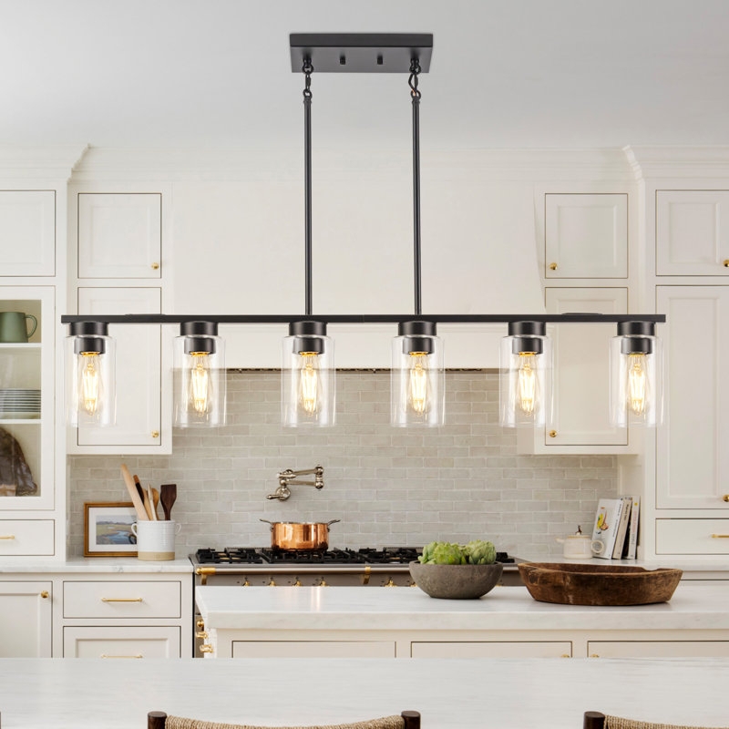 Matte Black Linear Island Lighting Pendant With Six Clear Glass Lights