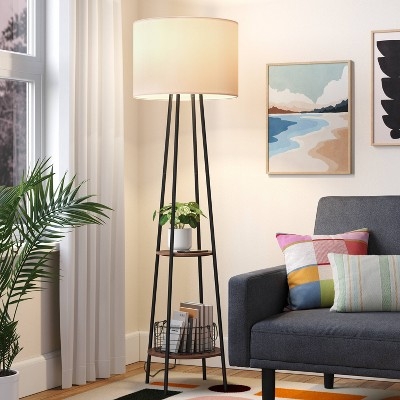 Matte Black Metal Shelf Floor Lamp with Square Geometric Design