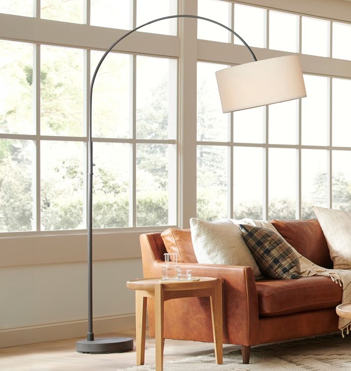 Matte Black Overarching Floor Lamp with Linen Drum Shade