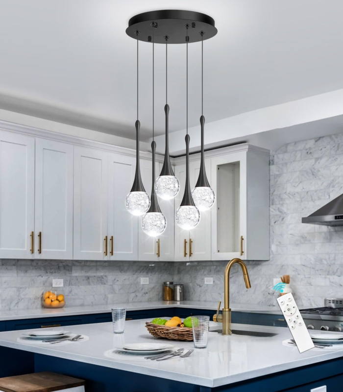 Matte Black Pendant Light Cluster with Faceted Crystal Interior Shades