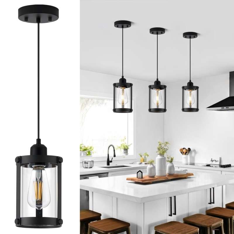 Matte Black Pendant Light Seeded Glass Cylinder Shade