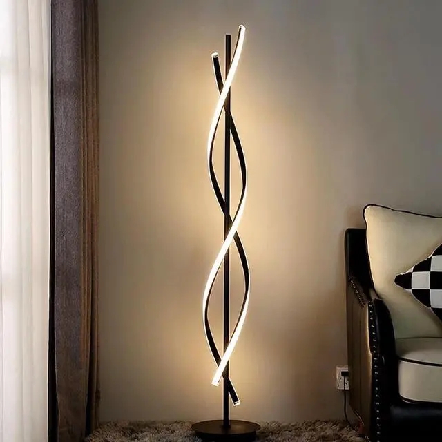 Matte Black Spiral Floor Lamp, Integrated LED Sculptural Form