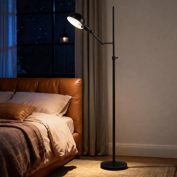 Matte Black Swing Arm Floor Lamp with White Drum Shade