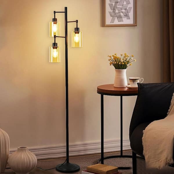 Matte Black Tree Floor Lamp Three Light Industrial Cage Shades