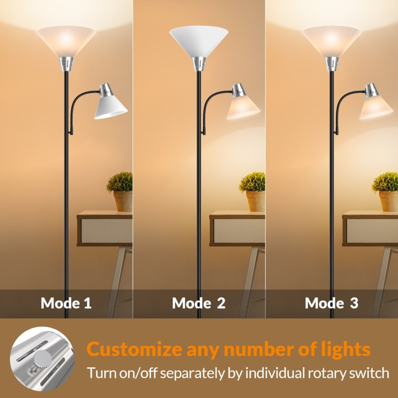 Matte Black Tree Torchiere Floor Lamp with Two Adjustable Reading Lamps