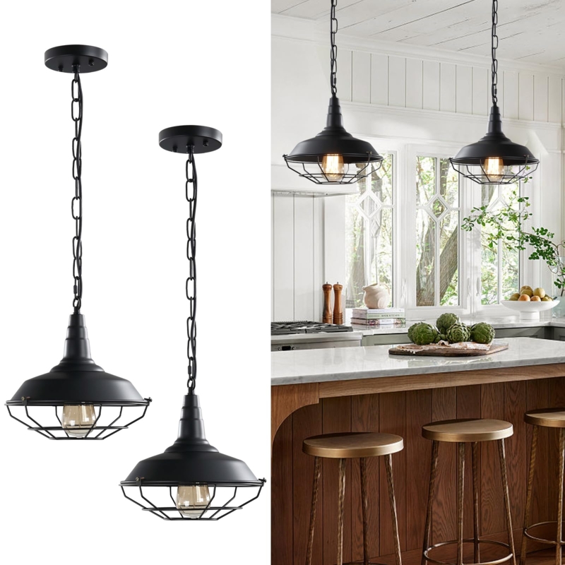 Matte Black Wire Cage Pendant Lights Set Industrial Farmhouse Style