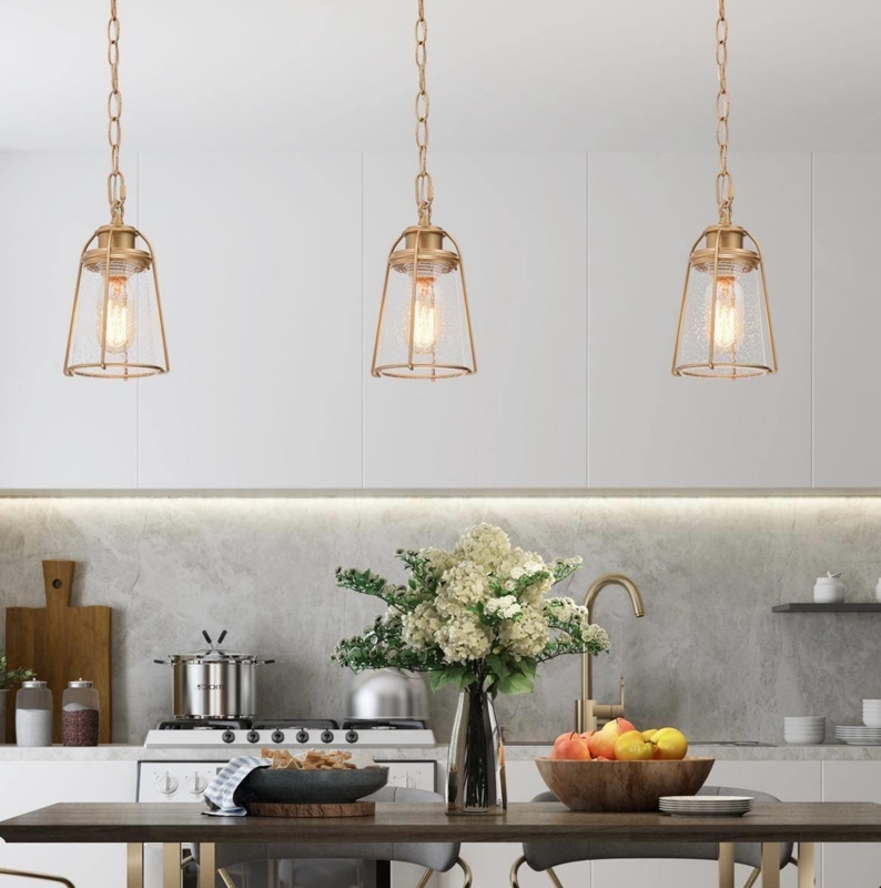 Matte Gold Lantern Pendant Light, Seeded Glass, Mini Fixture