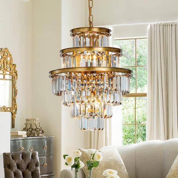 Matte Gold Tiered Chandelier Rectangular Crystal Fringe