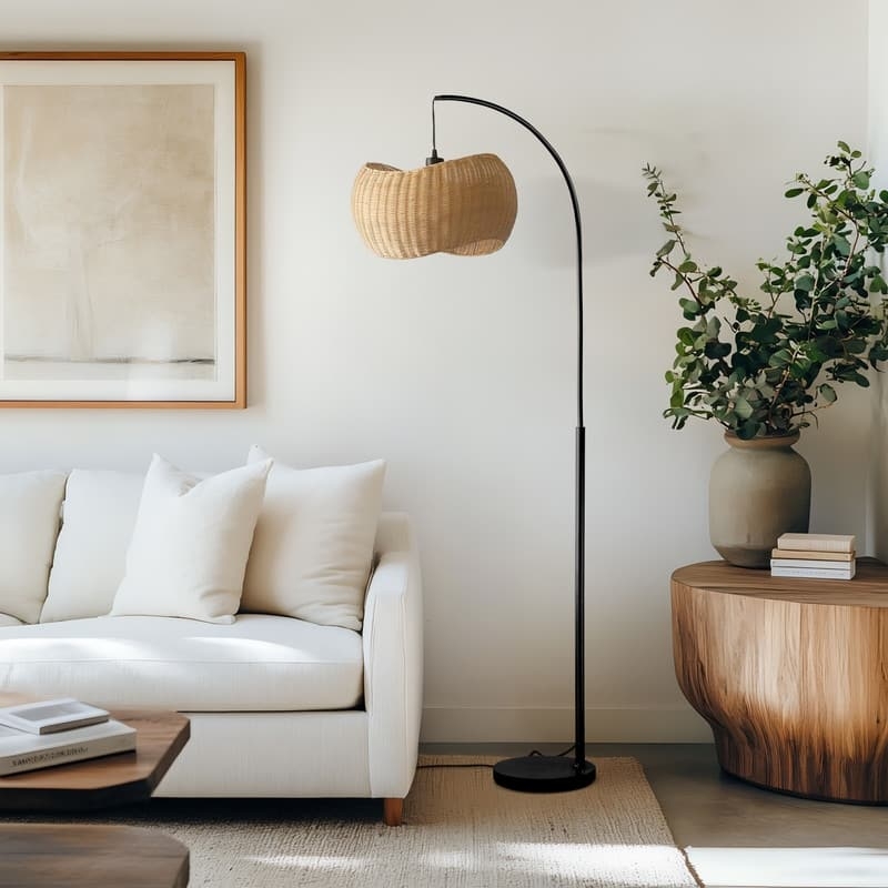 Mid-Century Brass Arc Floor Lamp with Woven Drum Shade