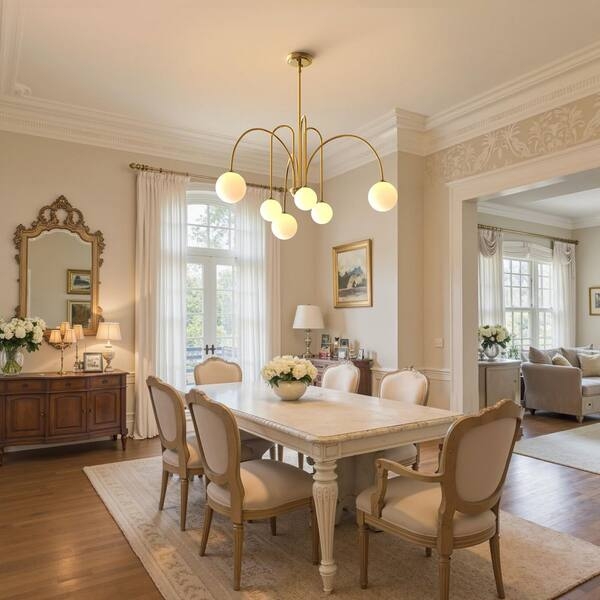 Mid-Century Dining Room Lighting Chandelier, Frosted Glass Globes.