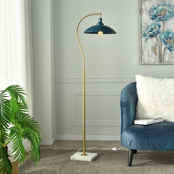 Mid Century Floor Lamp Polished Finish Blue Metal Dome Shade