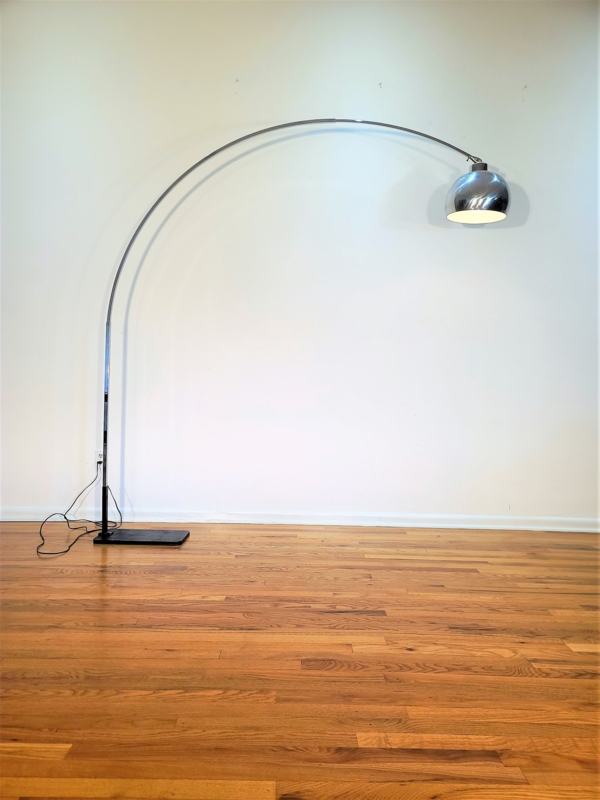 Mid Century Modern Arc Lamp: Polished Chrome Overhanging Silhouette