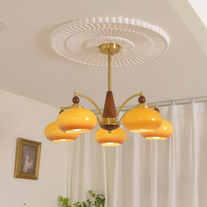 Mid-Century Modern Chandelier Linear Arm Layout Frosted Globes