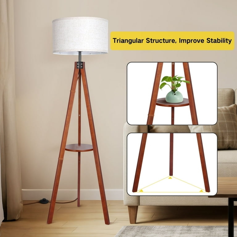 Mid-Century Modern Standing Floor Lamp Wood Tripod Linen