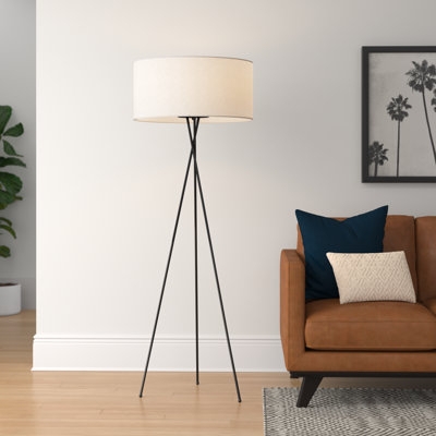 Mid-Century Modern Tripod Floor Lamp: Dark Wood Legs, White Drum Shade.