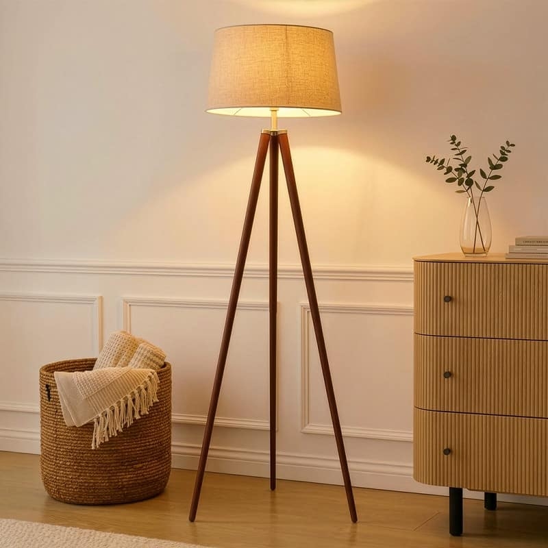 Mid-Century Modern Tripod Floor Lamp Walnut Finish Drum Shade