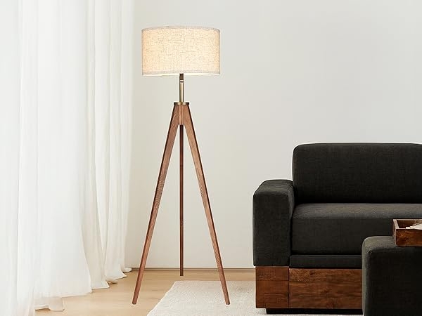 Mid Century Shelf Floor Lamp Wood Toned Beige Linen Like Fabric Shade