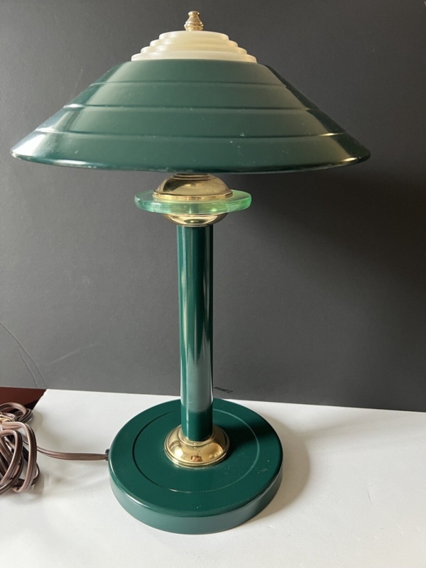 Mid Century Table Lamp with Green Atomic Mushroom Shade and Metal Base