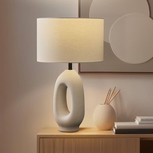 Mid-Century Table Lamp with Round Ceramic Base and Integrated USB Port