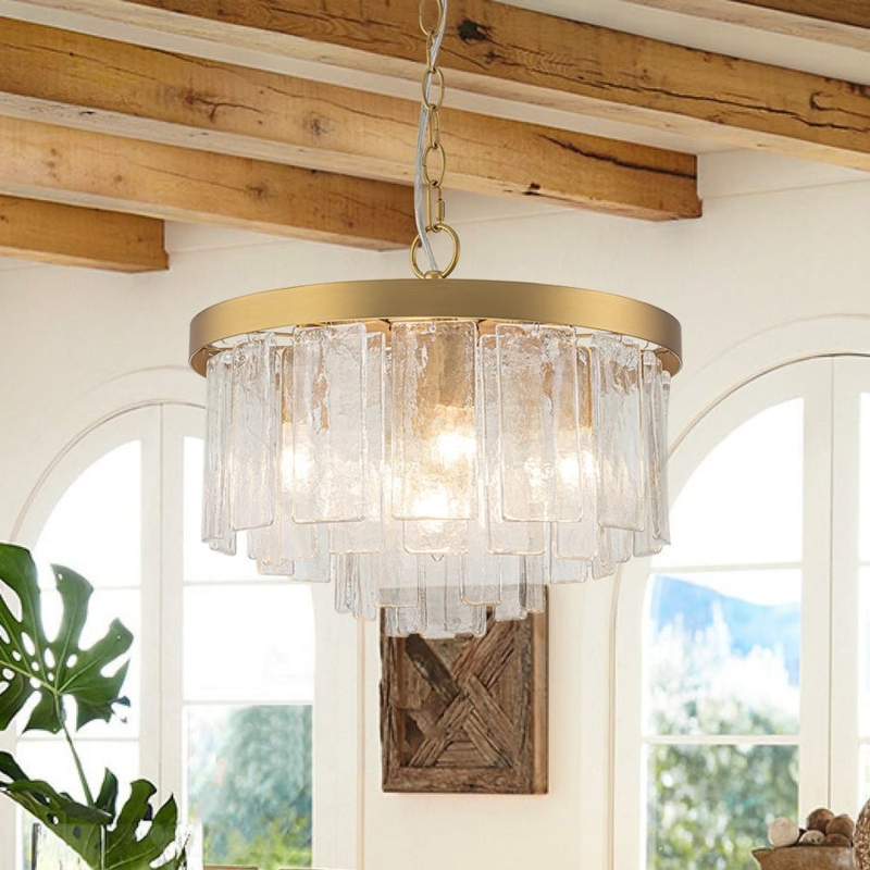 Mid-Century Tiered Glass Chandelier, Water Textured Brass